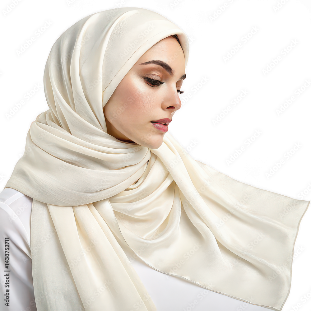 Elegant woman wearing a cream-colored silk hijab with soft folds against a black background, showcasing modern modest fashion