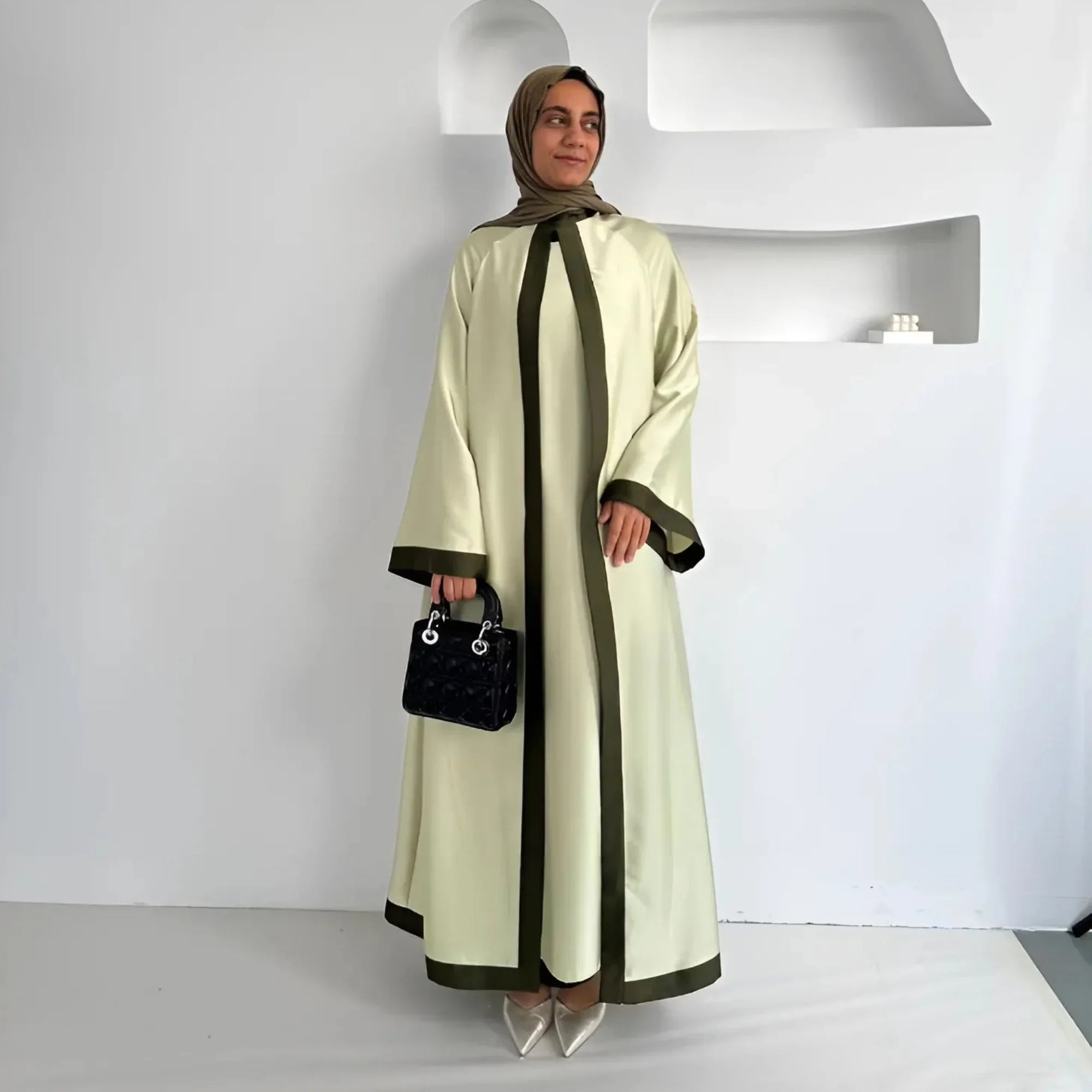 AL-Zahra High Collar Sateen 2 Piece Set. Sage Olive Mist