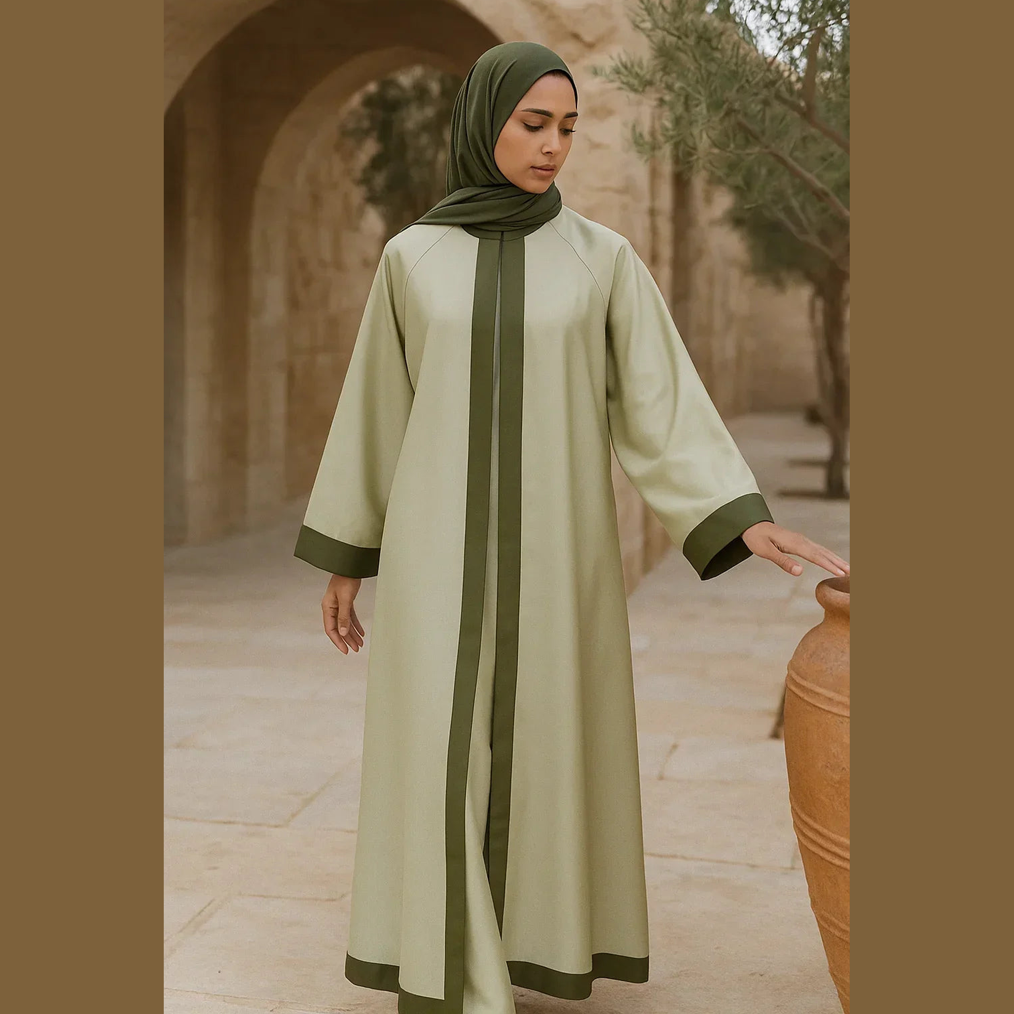 Elegant olive green abaya with matching hijab, showcased outdoors at ZAHRA'S BEST.