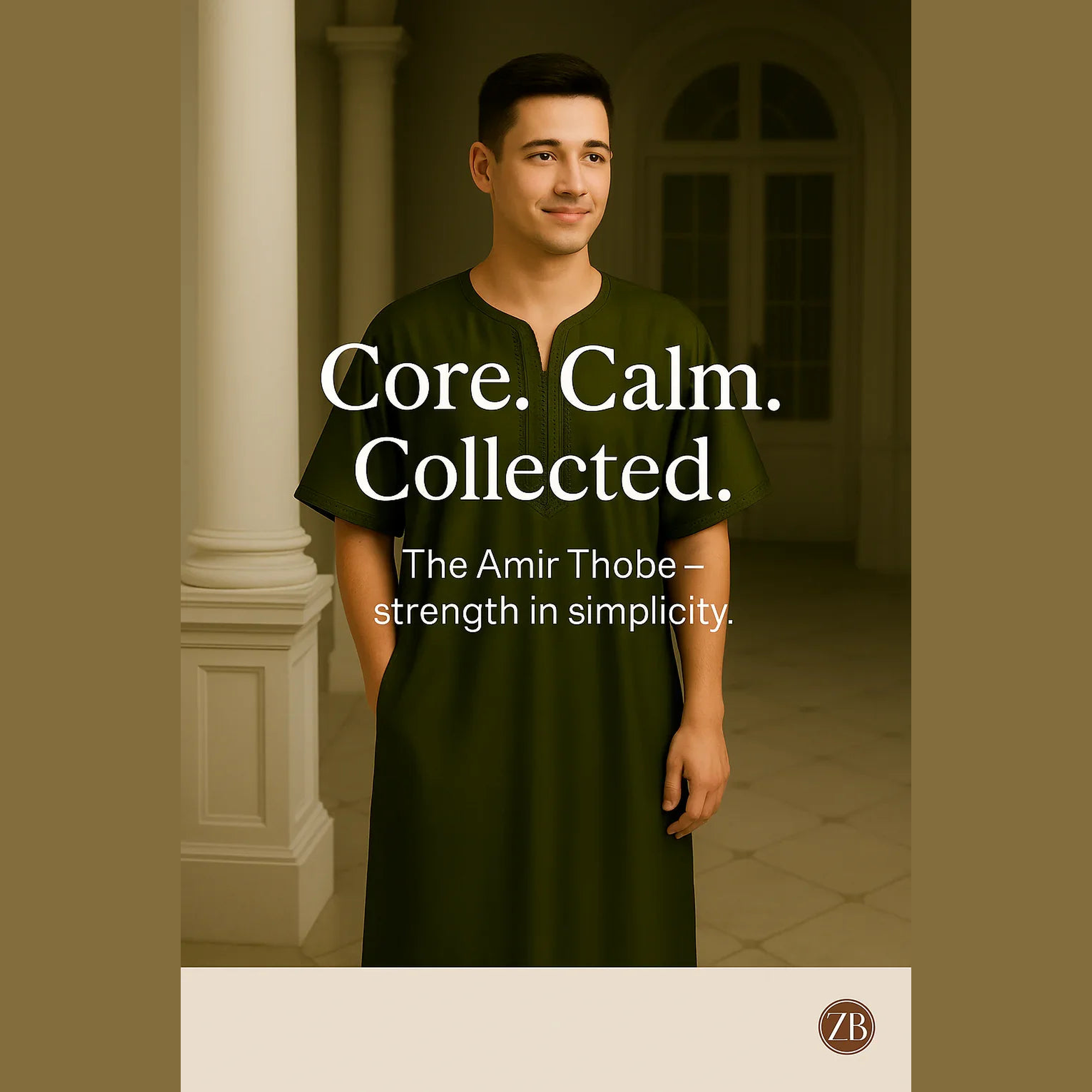Man wearing elegant olive green thobe in classic hallway, ZAHRA'S BEST modest menswear