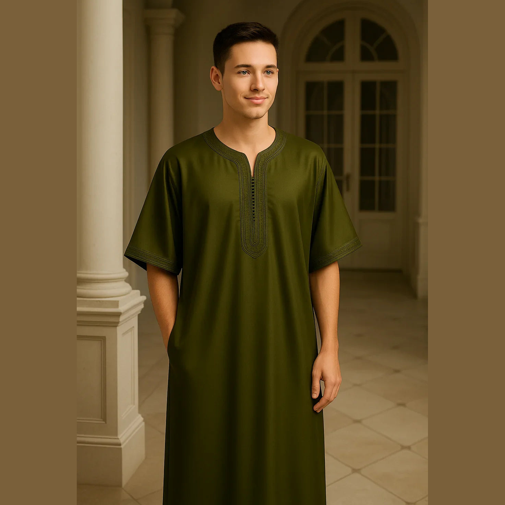 Man in olive green modest thobe, standing in elegant hallway, Zahra's Best fashion