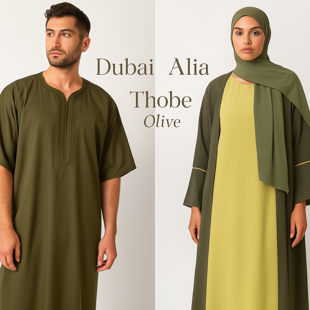 *His and Her Harmony:  DUBAI ALIA ABAYA in Pistachio Olive OR  Sahara Sunset & AMIR THOBE in Stone Olive