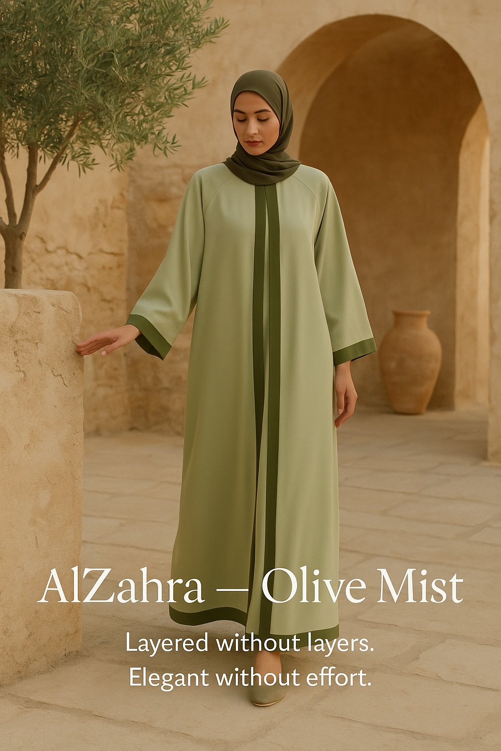 His and Her Harmony: Amir Thobe in Stone Olive Dubai Alia in Pistachio Olive or Sahara Sunset. AL-Zahra in Sage Olive Mist or Jasmine Cocoa