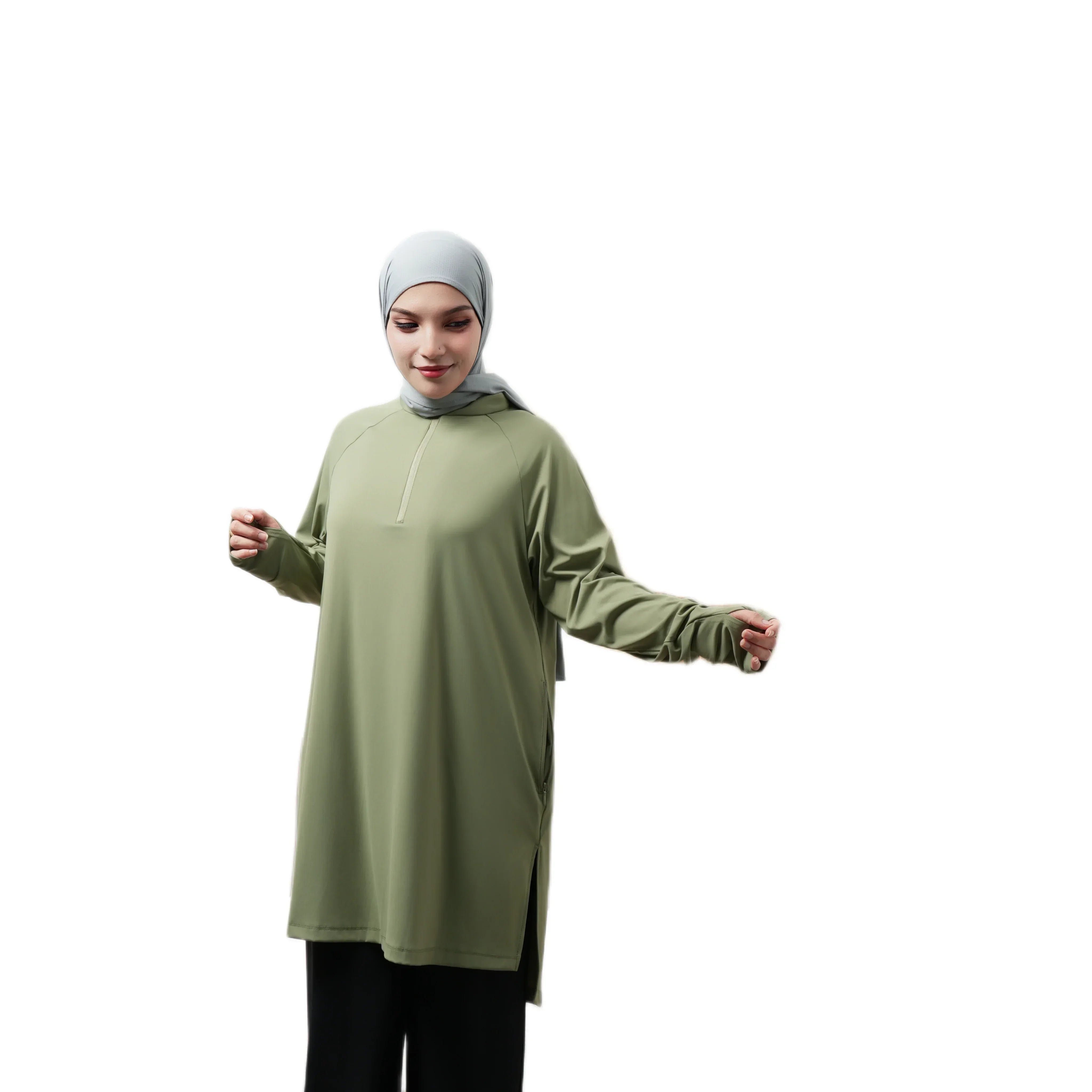 Modest olive green tunic with thumbhole sleeves, paired with a light grey hijab from ZAHRA'S BEST