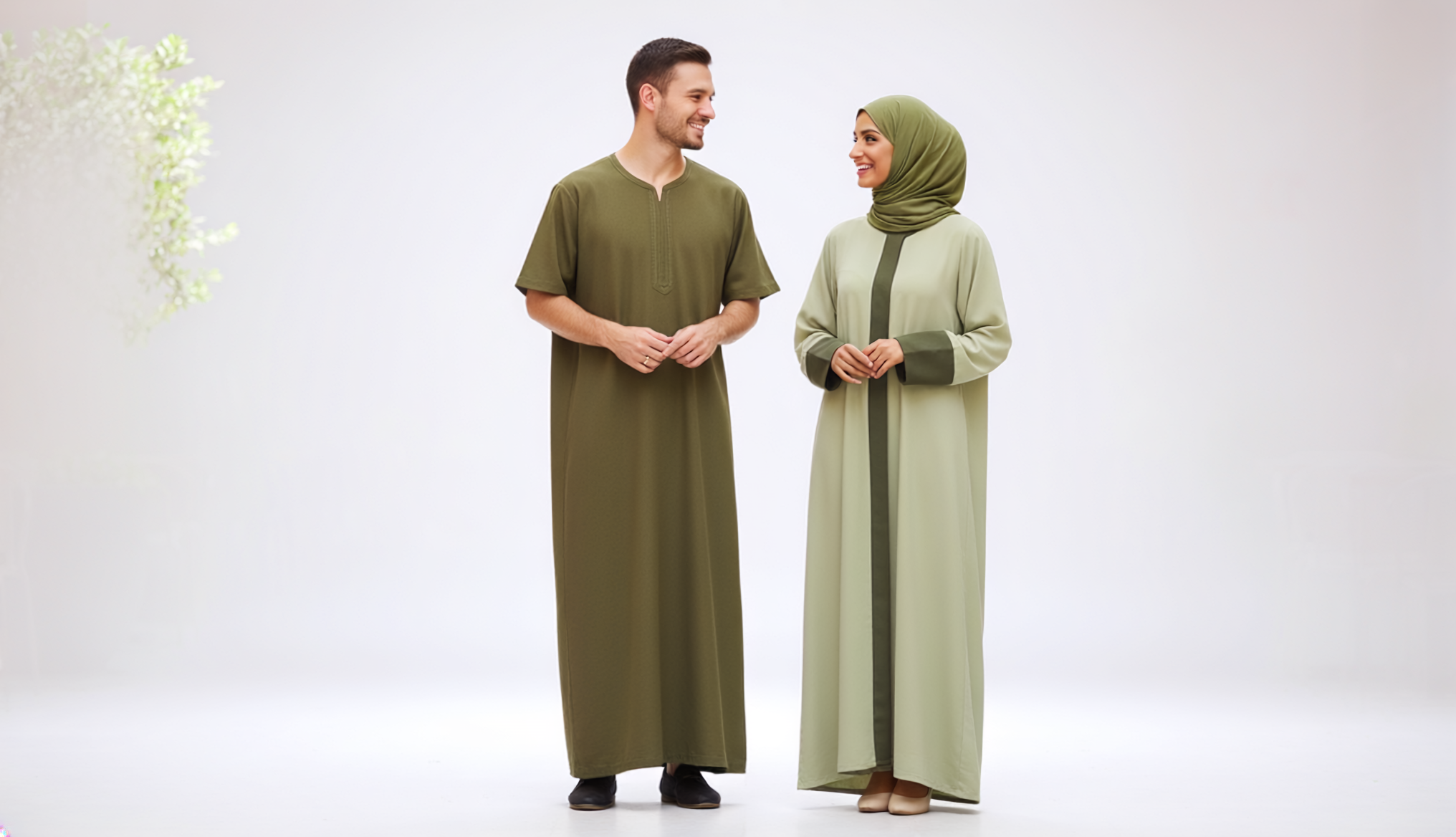 Studio portrait of man in olive thobe and woman in green modest dress and hijab, Zahra's Best