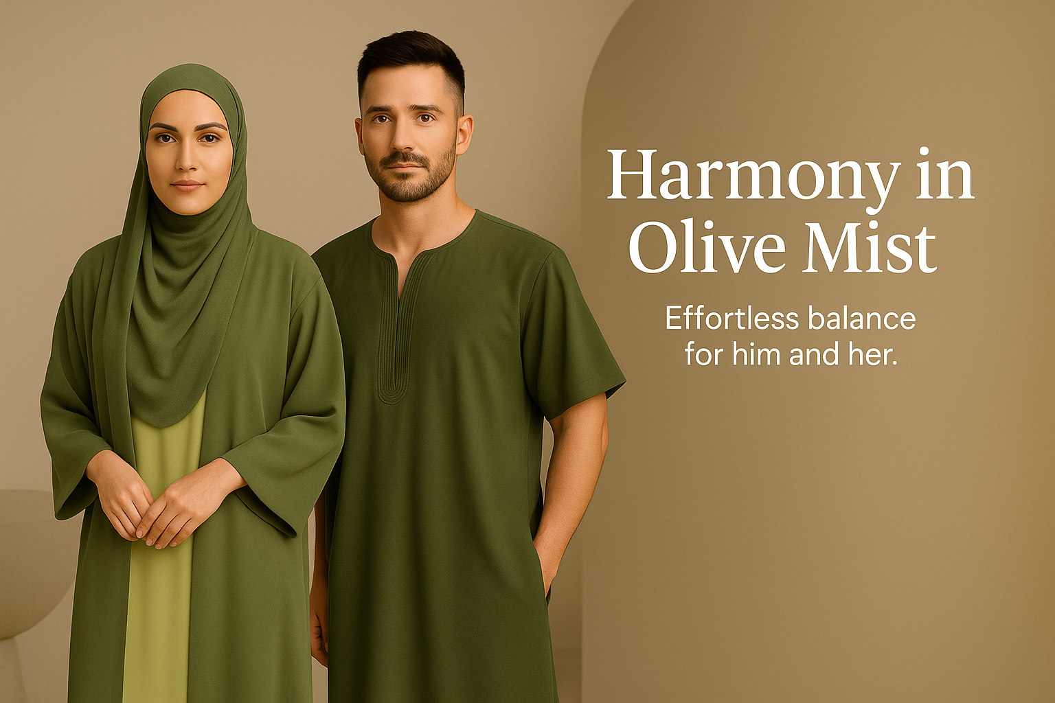 *His and Her Harmony:  DUBAI ALIA ABAYA in Pistachio Olive OR  Sahara Sunset & AMIR THOBE in Stone Olive