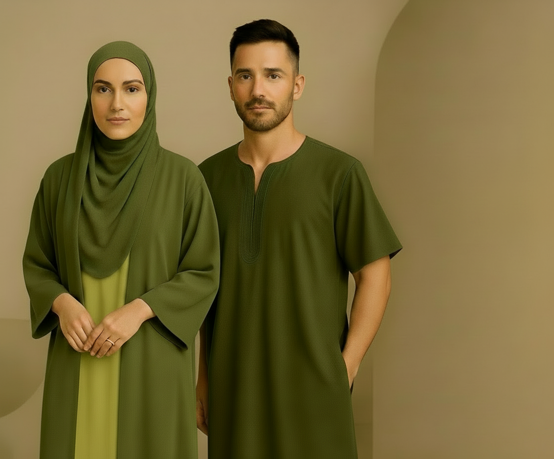 His and Her Harmony: Amir Thobe in Stone Olive Dubai Alia in Pistachio Olive or Sahara Sunset. AL-Zahra in Sage Olive Mist or Jasmine Cocoa