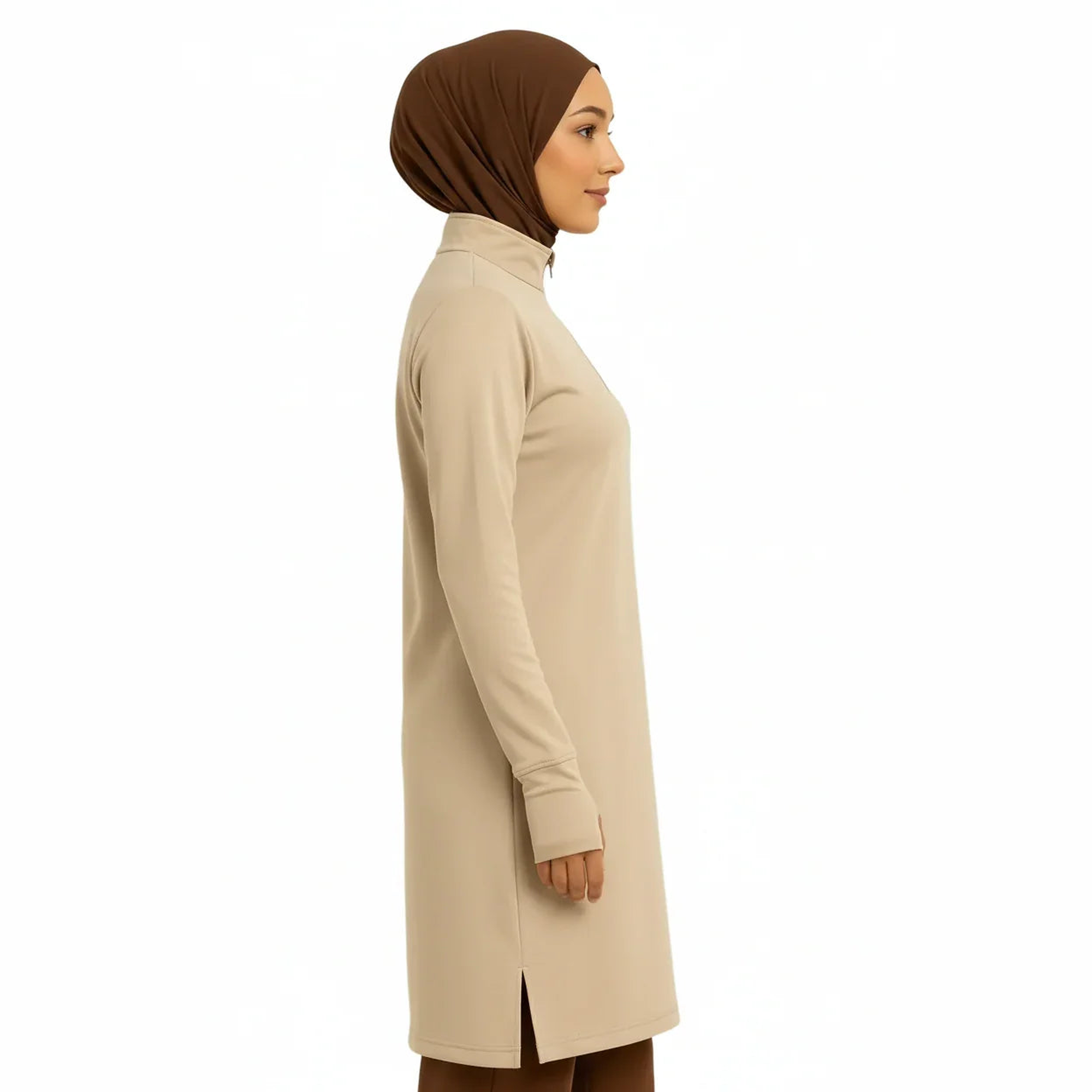Woman in mocha colored long-sleeve active top with brown colored hijab,side profile, modern modest fashion from ZAHRA'S BEST.