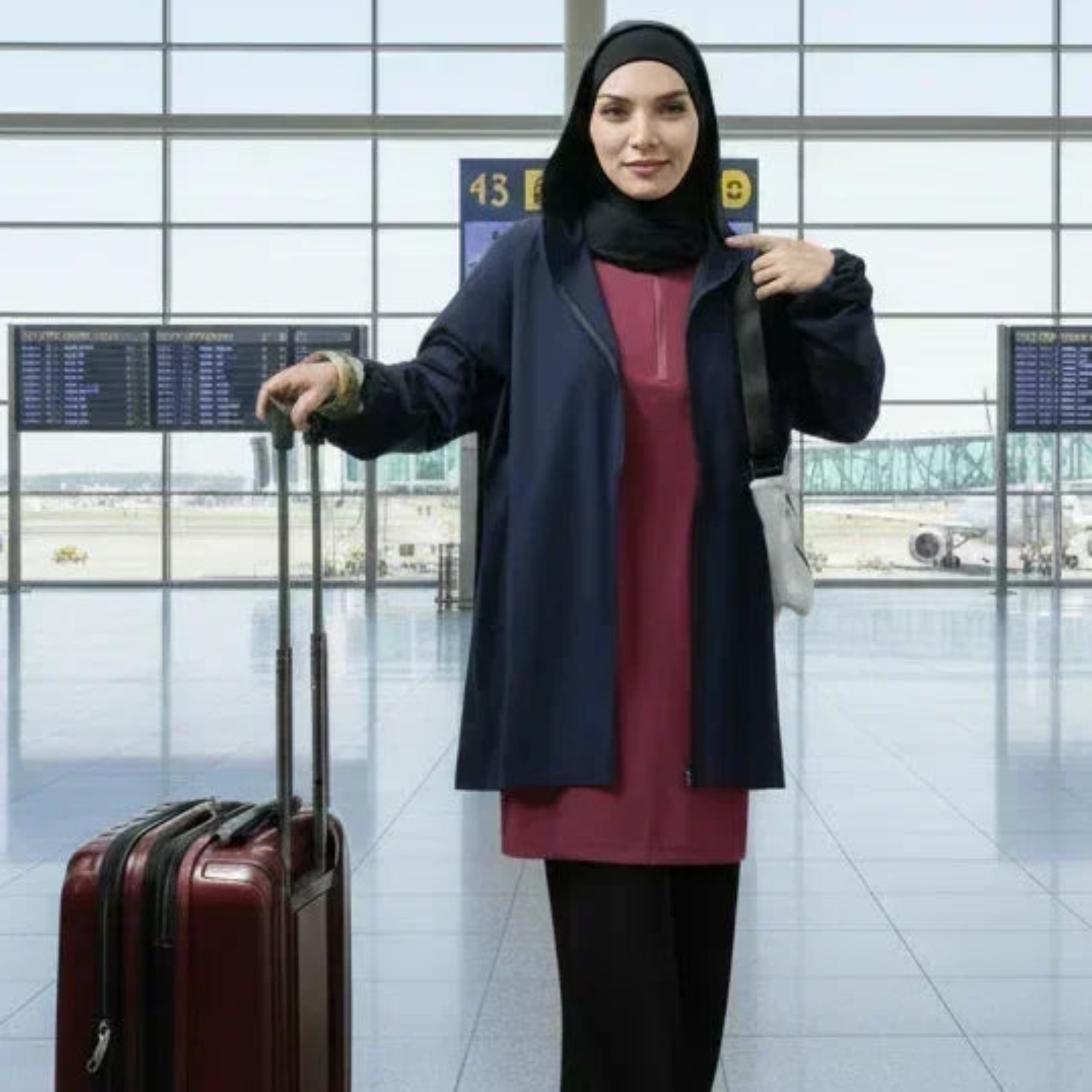 Woman in a burgundy modest active top with light-weight navy jacket with suitcase at airport, ZAHRA'S BEST. modern modest travel sets.