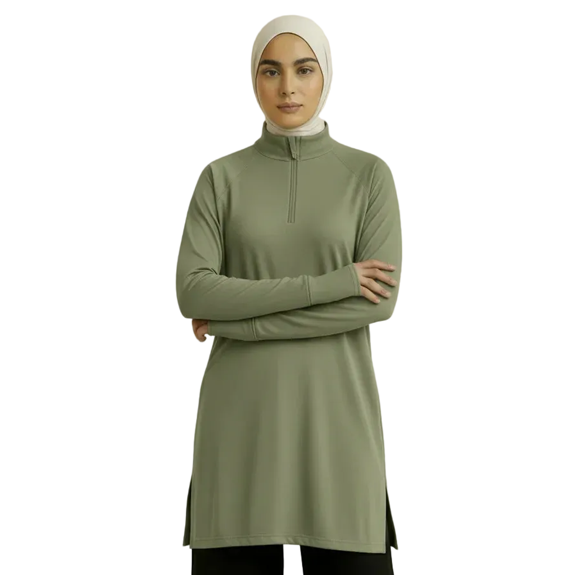 Woman wearing an olive color modest active top and cream hijab, modest fashion by ZAHRA'S BEST