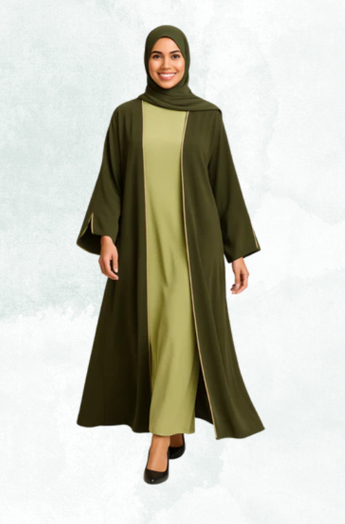 Woman in elegant olive green modest abaya from ZAHRA'S BEST collection, standing and smiling