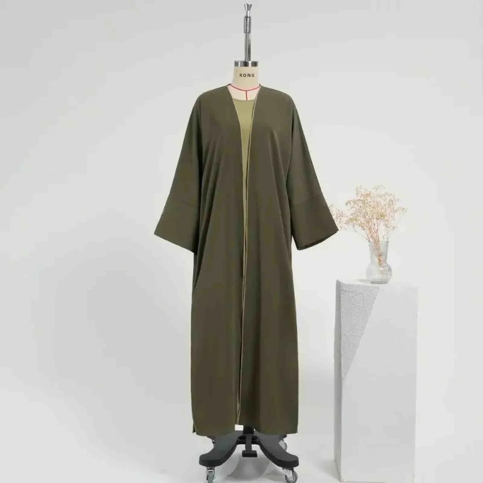 Olive green modest open abaya set with pistachio sleeveless slip dress front profile - ZAHRA'S BEST
