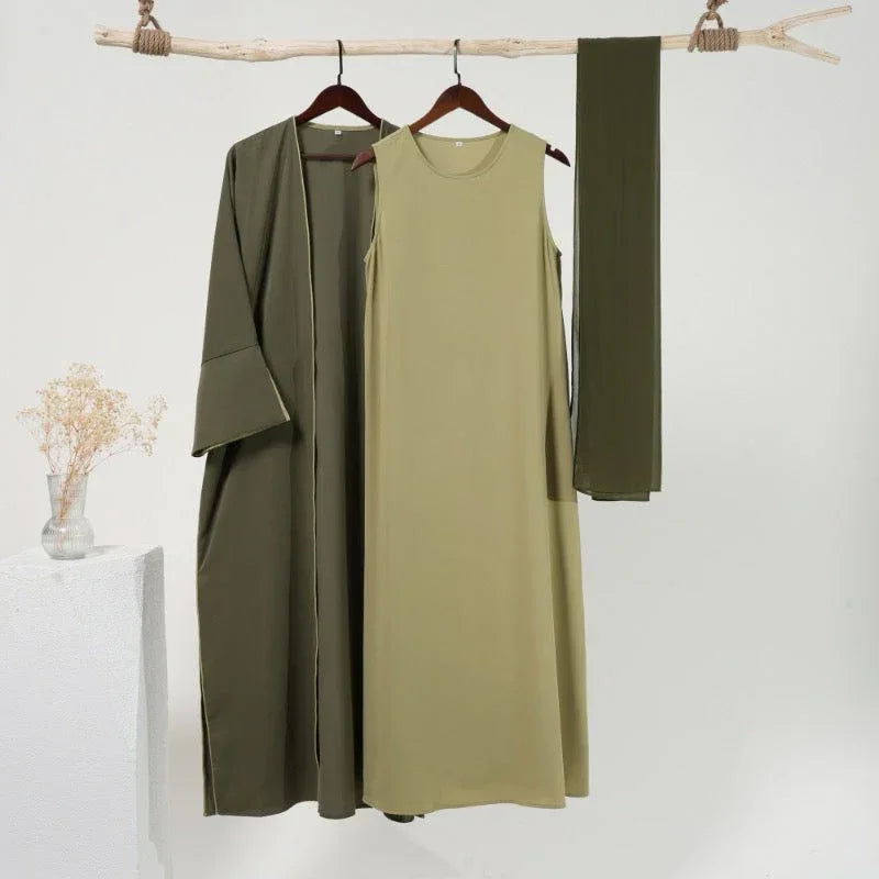 Elegant olive green modest abaya set with long dress and matching scarf from ZAHRA'S BEST