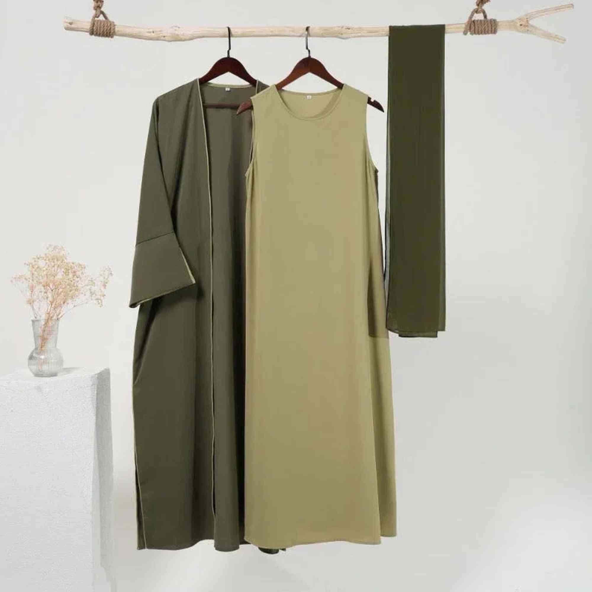 Elegant olive green modest abaya set with long dress and matching scarf from ZAHRA'S BEST