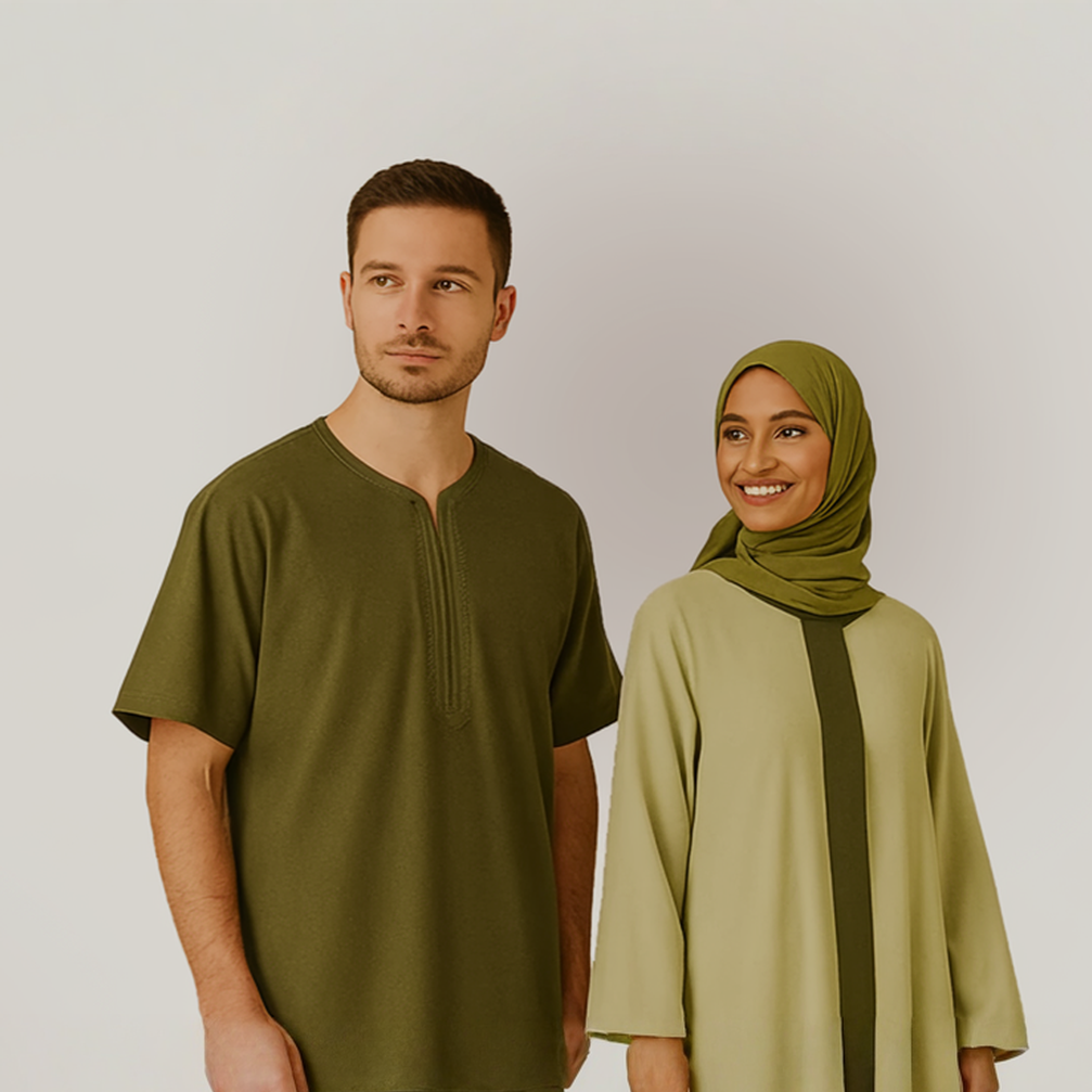 Man in olive green tunic and woman in modest light green dress and hijab, ZAHRA'S BEST