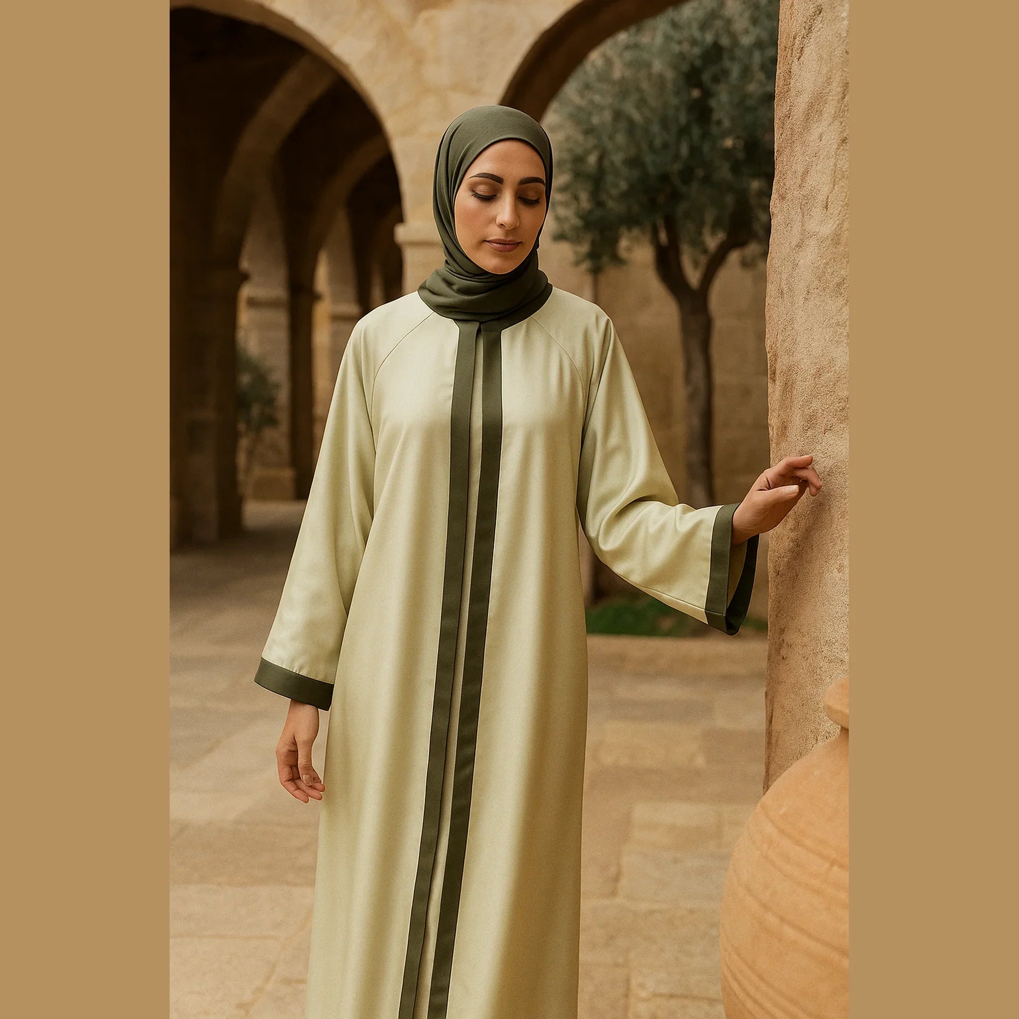 Elegant woman in olive green modest abaya and hijab, Zahra's Best, stone courtyard setting
