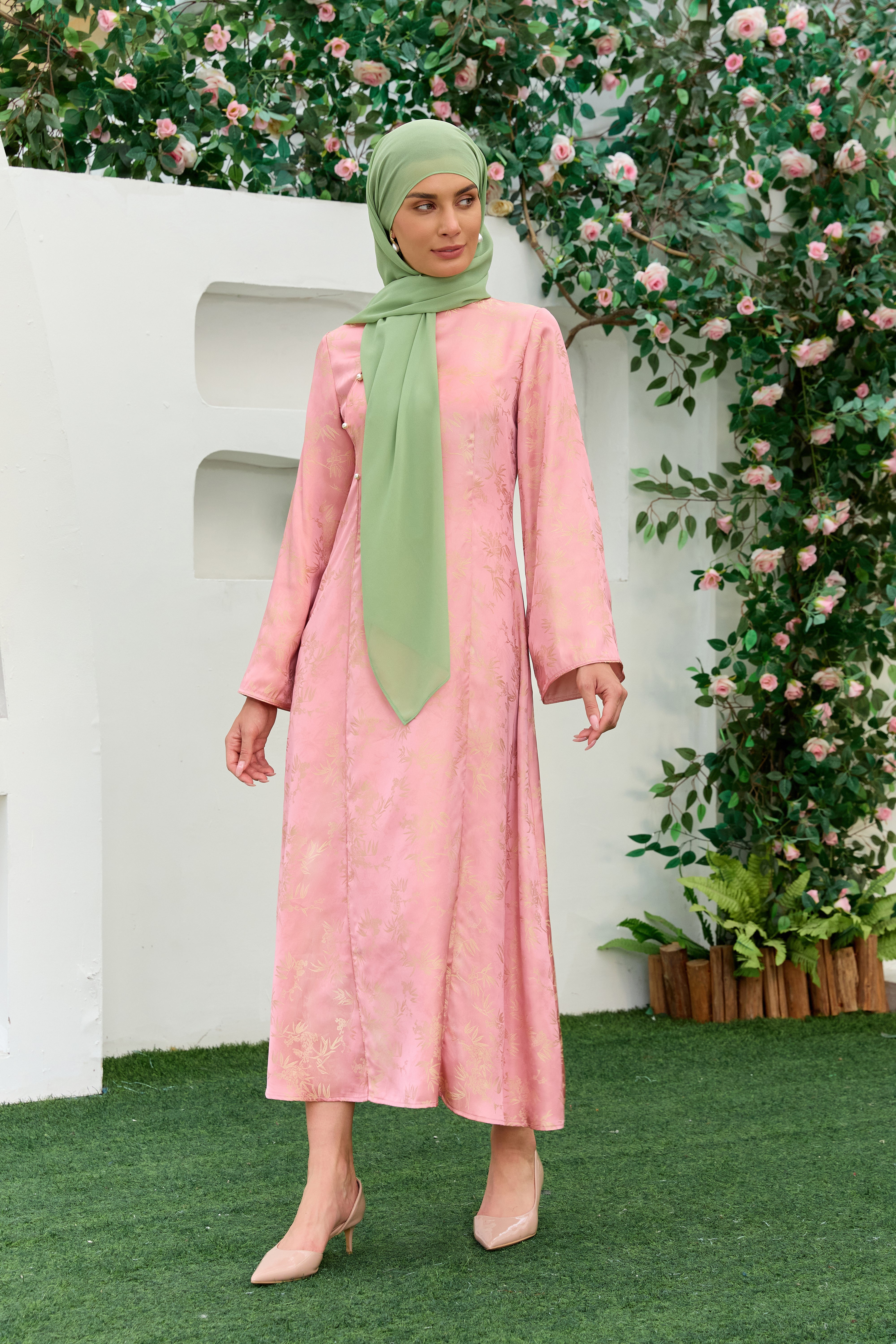 Ilham Shafaq — Rose Pink Jacquard Abaya