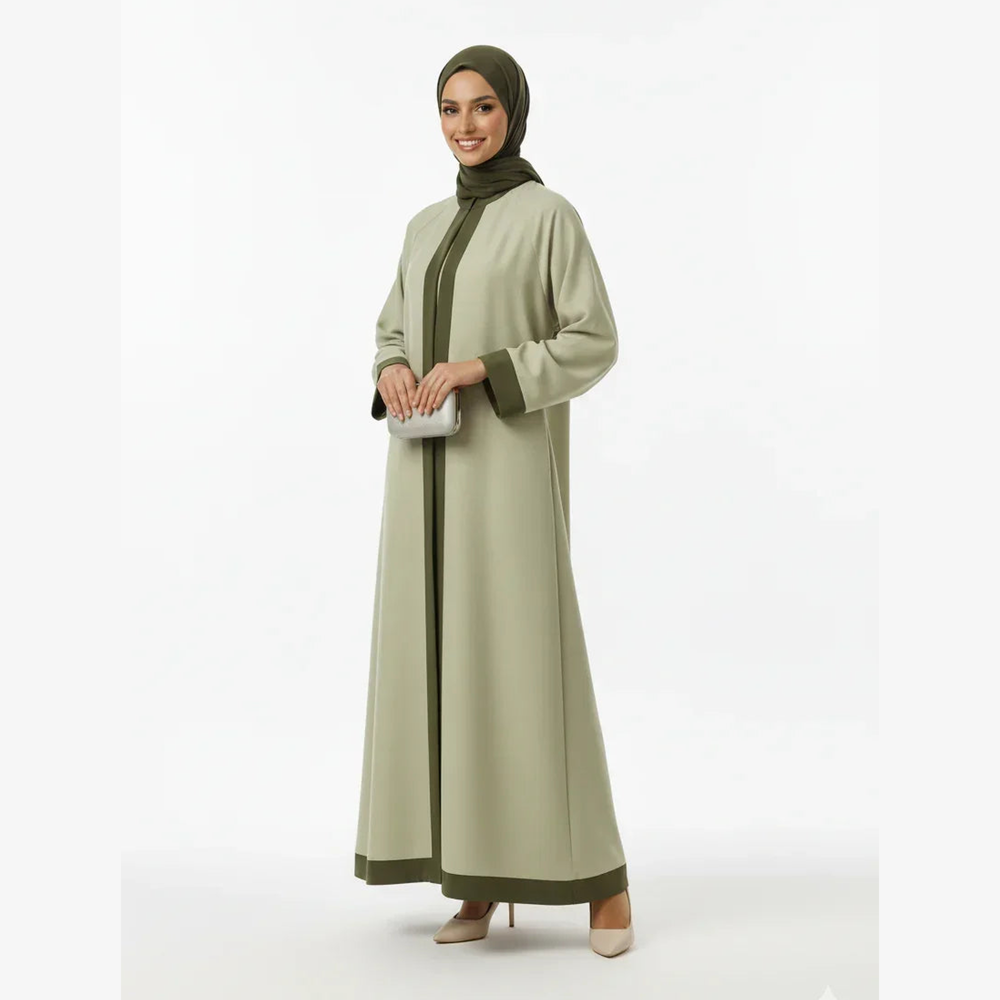 Woman in olive green modest abaya and hijab, holding clutch, ZAHRA'S BEST fashion