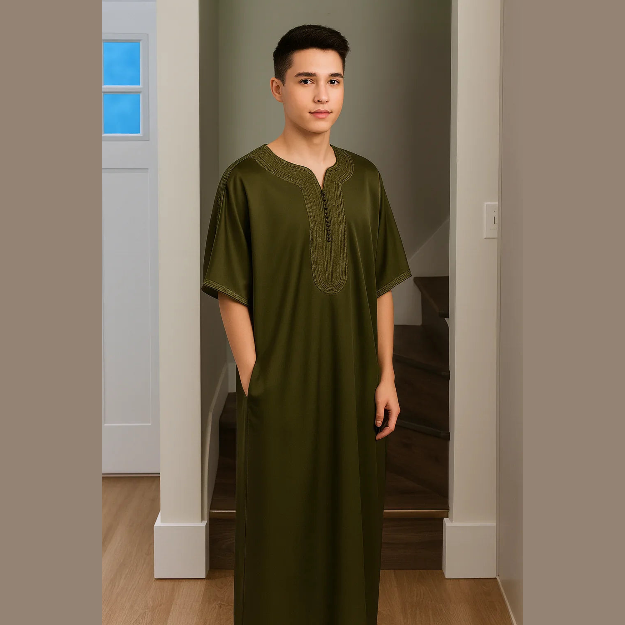 Man in olive green thobe with embroidery standing indoors, ZAHRA'S BEST modest wear