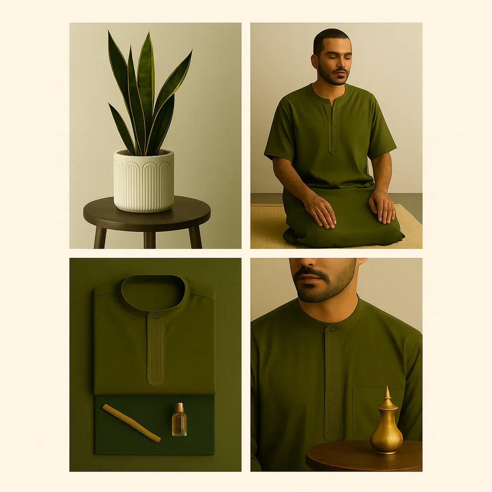 Amir Thobe Styling collage with man in olive thobe, plant decor, and modest wear accessories.