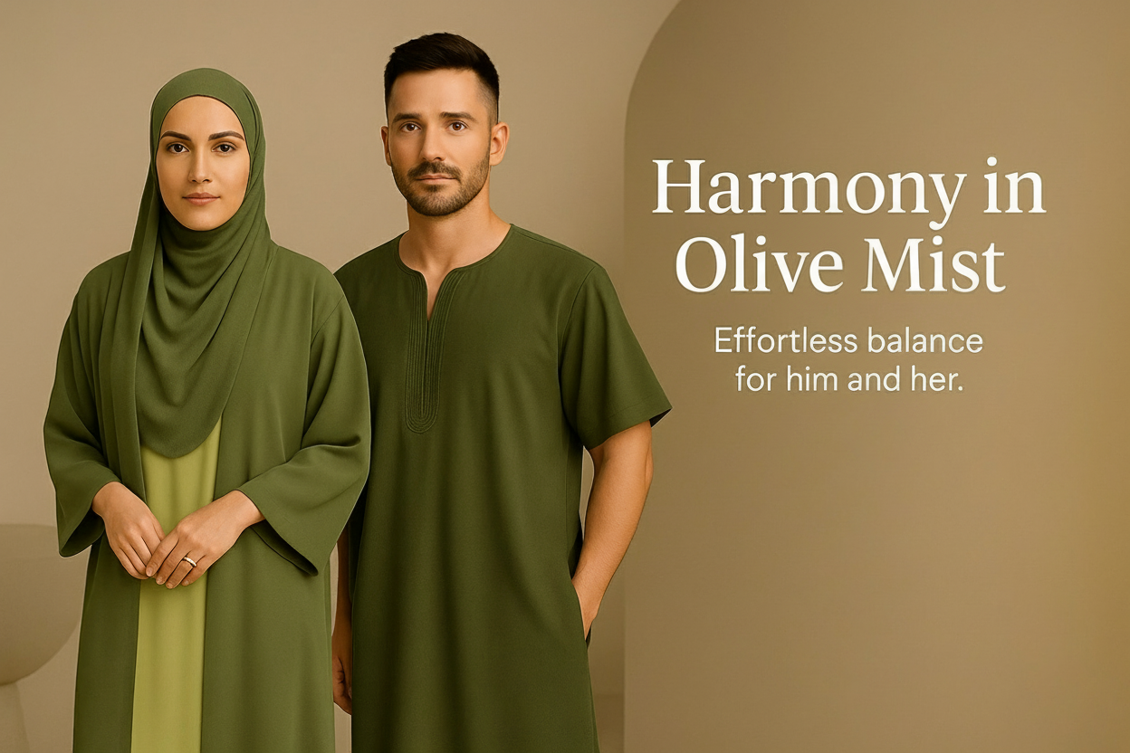 His and Her Harmony:  DUBAI ALIA ABAYA in Pistachio Olive OR  Sahara Sunset & AMIR THOBE in Stone Olive