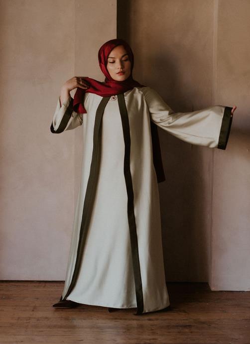 AL-ZAHRA  2 PIECE HIGH COLLAR ABAYA SATEEN SET - *Olive