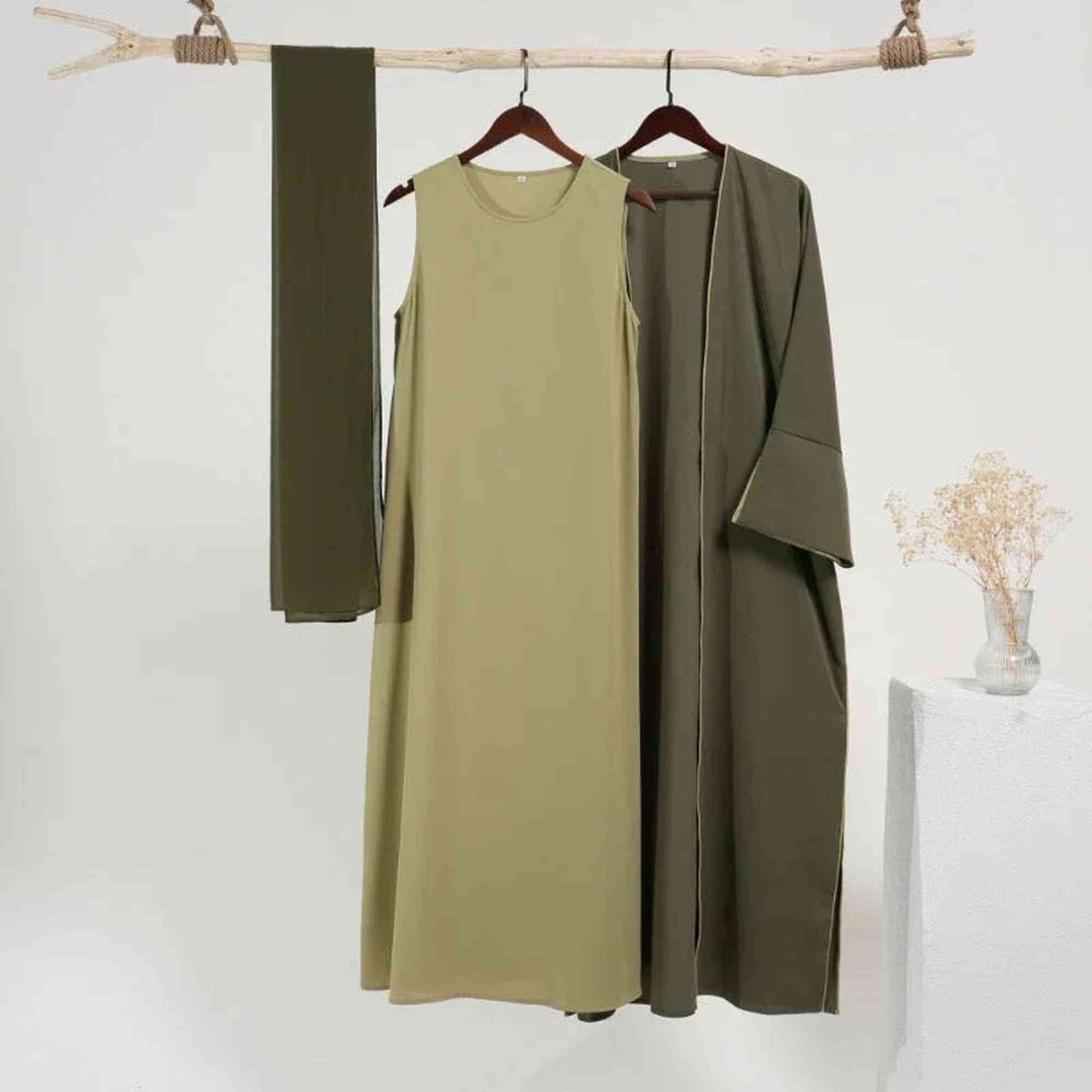 Olive green modest abaya set with sleeveless dress and open kimono, Zahra's Best fashion