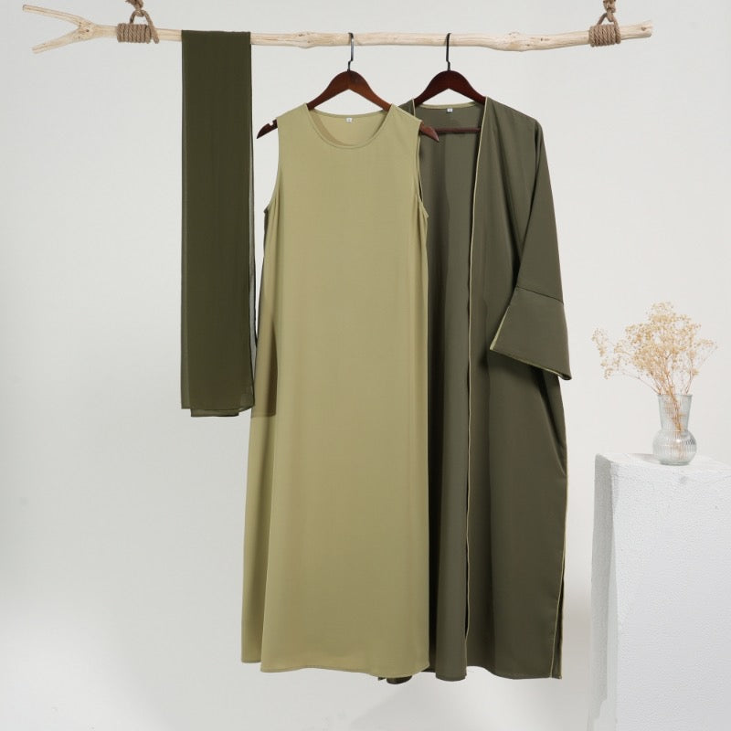 *His and Her Harmony:  DUBAI ALIA ABAYA in Pistachio Olive OR  Sahara Sunset & AMIR THOBE in Stone Olive