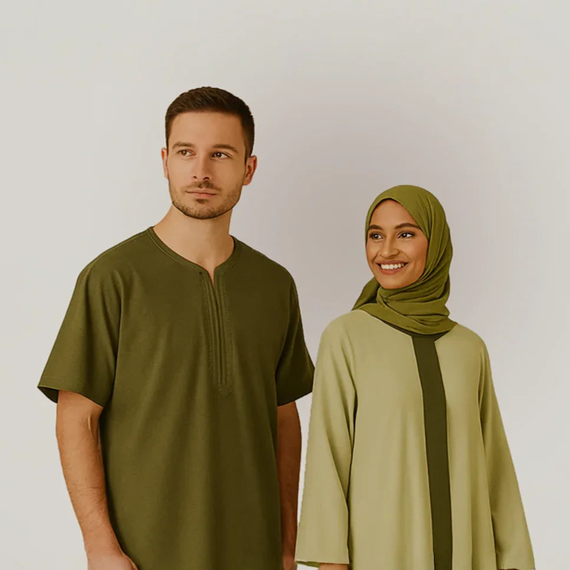 His and Her Harmony: Amir Thobe in Stone Olive Dubai Alia in Pistachio Olive or Sahara Sunset. AL-Zahra in Sage Olive Mist or Jasmine Cocoa - ZAHRA'S BEST